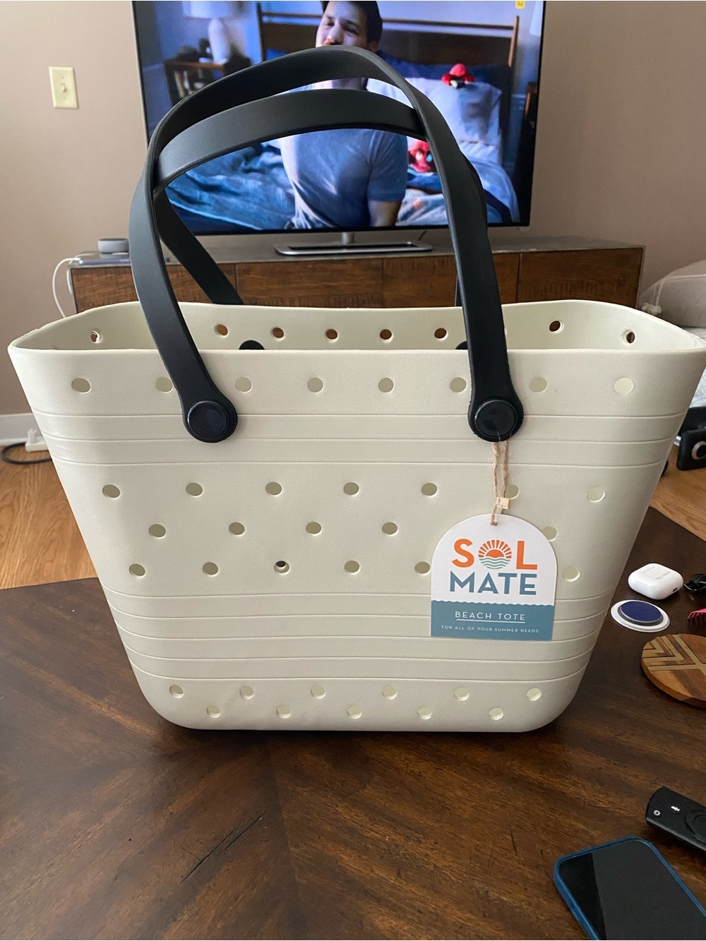 NWT XL Cream Bogg Style Beach Tote with Black Handles